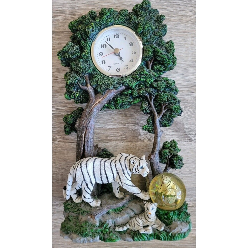 Vintage Cadona 2000 White Tiger & Cubs Figurine Clock With Mini  Snow globe Y2K